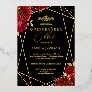 Invitación Con Relieve Metalizado Tiara Roja Floral Oro Quinceañera Moderna 