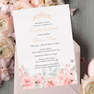 Invitación Con Relieve Metalizado Tiara Rosa Dorado Rosa Quinceañera