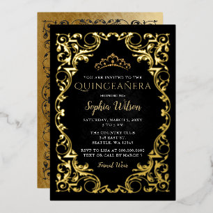 Invitación Con Relieve Metalizado Tiara Vintage Princesa de Oro Negro Quinceañera