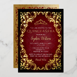 Invitación Con Relieve Metalizado Tiara vintage roja dorada princesa Quinceañera