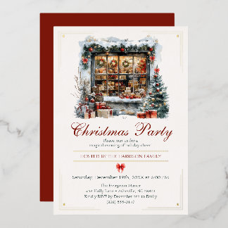 Invitación Con Relieve Metalizado Tienda de Navidad Vintage Fiesta Navideña