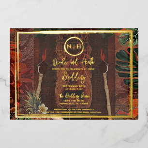 Invitación Con Relieve Metalizado Tiki de Madera Vintage Hawaiano Boda Dorada