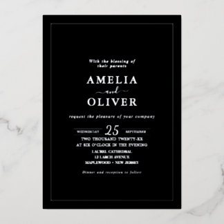 Invitación Con Relieve Metalizado TIMELESS Black & Silver Minimalist Wedding Design