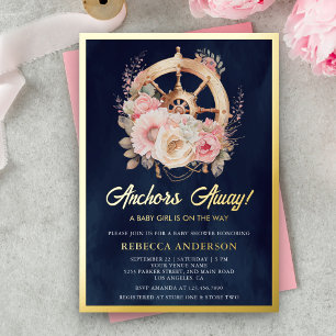 Invitación Con Relieve Metalizado Timón de barco niña baño naval oro