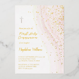 Invitación Con Relieve Metalizado tinta rosa pastel y brillo FAUX Primera Comunión