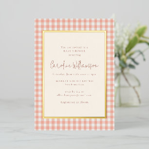 Invitación Con Relieve Metalizado Tinte de Rosa Gingham Moderno para Baby Shower en