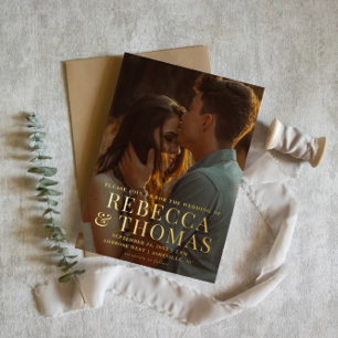 Invitación Con Relieve Metalizado Tipo de Foto de Boda Moderna Dorada