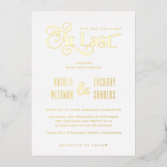 Invitación Con Relieve Metalizado Tipografía caligráfica moderna al último Boda (Anverso)