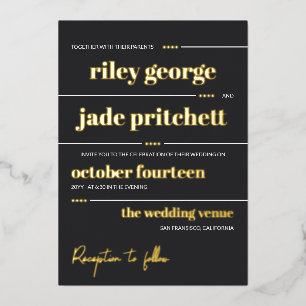 Invitación Con Relieve Metalizado Tipografía de boda 2 en 1 negro mate blanco dorado