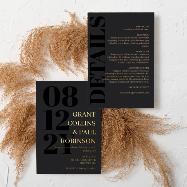 Invitación Con Relieve Metalizado Tipografía de carbón negro y oro 2 en 1 Boda (Subido por el creador)