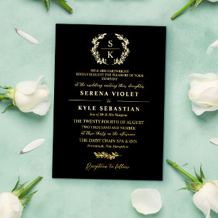 Invitación Con Relieve Metalizado Tipografía de corona monograma de boda en oro negr