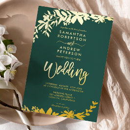 Invitación Con Relieve Metalizado Tipografía de escritura de oro de moda boda verde 
