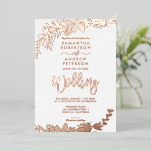 Invitación Con Relieve Metalizado Tipografía de escritura en oro rosa Flor blanca bo