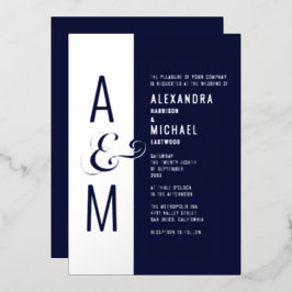 Invitación Con Relieve Metalizado Tipografía de Monograma Azul Marino Plateado Boda