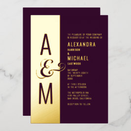 Invitación Con Relieve Metalizado Tipografía de Monograma Boda Moderna Burgundy