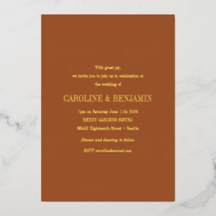 Invitación Con Relieve Metalizado Tipografía Elegante Boda Terracota Oro