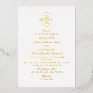 Invitación Con Relieve Metalizado Tipografía elegante Bodas Monograma Ampersand