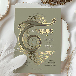 Invitación Con Relieve Metalizado Tipografía elegante de boda con monograma ornament
