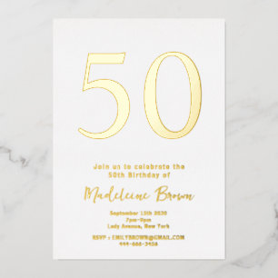 Invitación Con Relieve Metalizado Tipografía Elegante de Oro 50 cumpleaños