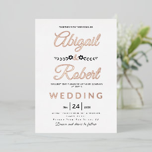 Invitación Con Relieve Metalizado Tipografía elegante y flores boda oro rosa