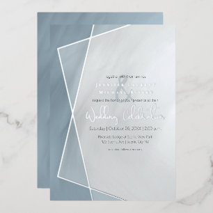 Invitación Con Relieve Metalizado tipografía geométrica azul polvorienta boda plata