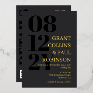 Invitación Con Relieve Metalizado Tipografía gris de oro negro 2 en 1 Boda de código
