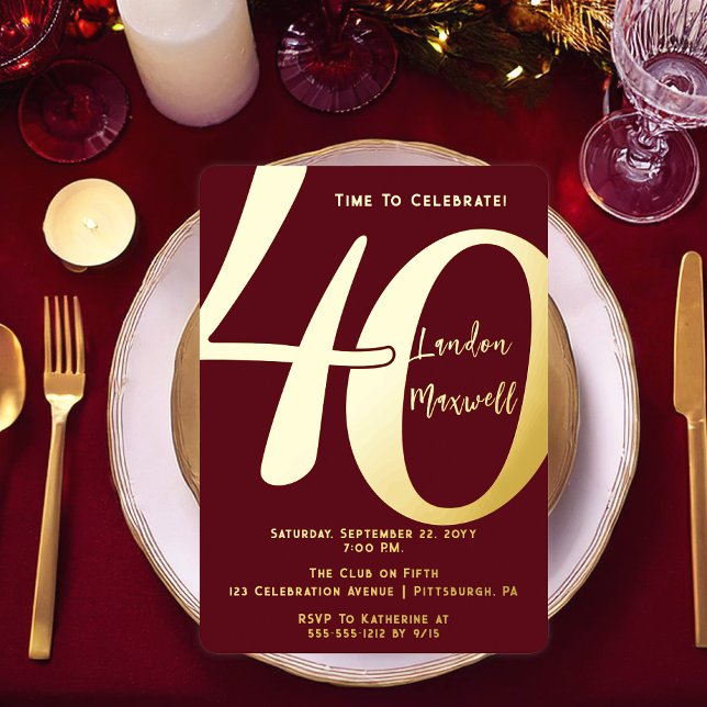 Invitación Con Relieve Metalizado Tipografía minimalista 40 40º Fiesta de cumpleaños (Elegant Minimalist Typography "40" 40th Birthday Party Burgundy and Gold Foil Invitation)
