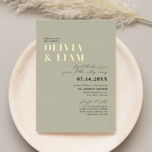 Invitación Con Relieve Metalizado Tipografía minimalista boda verde salvia dorado
