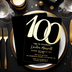 Invitación Con Relieve Metalizado Tipografía Minimalista Cumpleaños 100 100 años