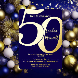 Invitación Con Relieve Metalizado Tipografía Minimalista Cumpleaños 50