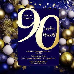 Invitación Con Relieve Metalizado Tipografía Minimalista Cumpleaños 90