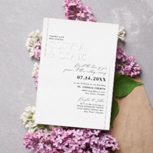 Invitación Con Relieve Metalizado Tipografía minimalista moderna boda blanca plata