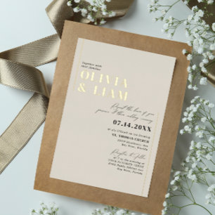 Invitación Con Relieve Metalizado Tipografía minimalista moderna boda taupe dorado