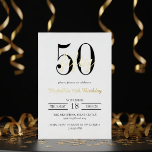Invitación Con Relieve Metalizado Tipografía Moderna 50 Cumpleaños Blanco Negro Dora