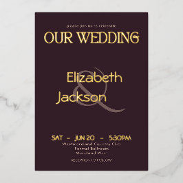 Invitación Con Relieve Metalizado Tipografía Moderna Elegante Bodas Plum Noir Dorado