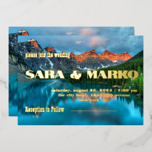 Invitación Con Relieve Metalizado Tipografía Moderna   Lago Montañas