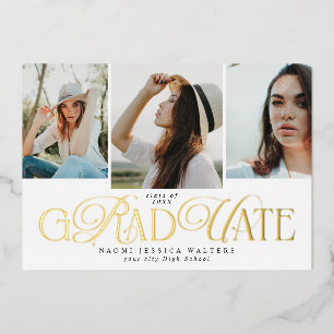 Invitación Con Relieve Metalizado Tipografía moderna multi foto graduación elegante