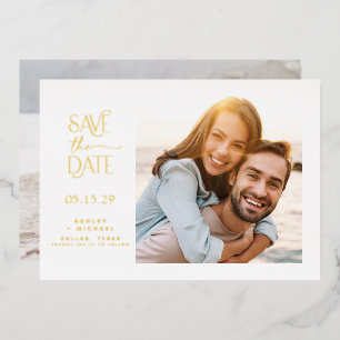 Invitación Con Relieve Metalizado Tipografía Moderna Simple 2 Foto Save the Date con