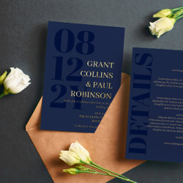 Invitación Con Relieve Metalizado Tipografía Navy & Gold Boda 2 en 1