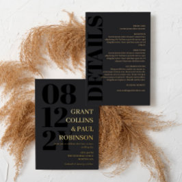 Invitación Con Relieve Metalizado Tipografía Negra Carbón y Dorada 2 en 1 Boda