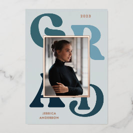 Invitación Con Relieve Metalizado Tipografía Retro Azul Moderno Foto Graduación 2022