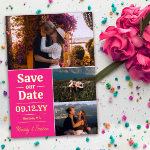 Invitación Con Relieve Metalizado Tipografía Rosa Negrita Colaje de Fotos Save The D