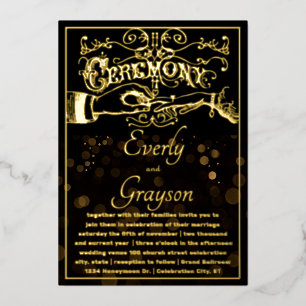 Invitación Con Relieve Metalizado Tipografía Victoriana Elegante Boda Negra Dorada