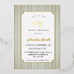 Invitación Con Relieve Metalizado Tiras Modernas y Minimalistas Cigüeña Cumpleaños d