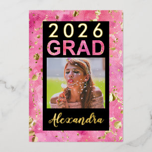 Invitación Con Relieve Metalizado Título de graduación de arte acuarela dorado rosa
