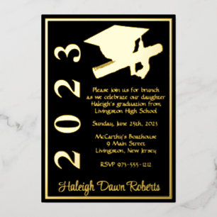 Invitación Con Relieve Metalizado Título y Diploma, Graduación Negra y Dorada