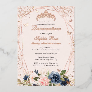 Invitación Con Relieve Metalizado Tocado floral de mariposa rosa naval Quinceanera