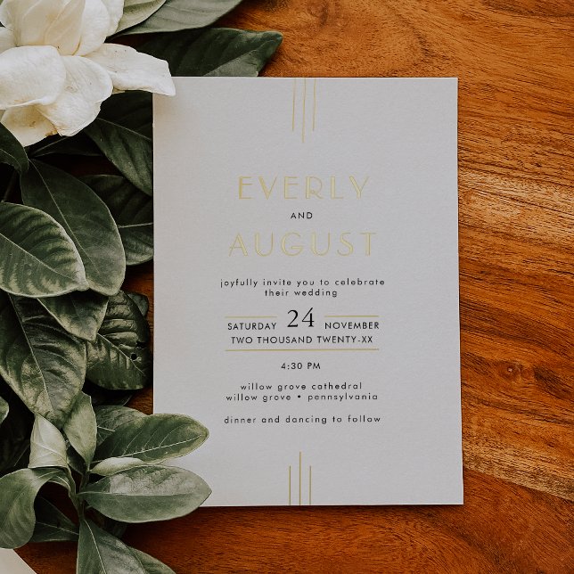 Invitación Con Relieve Metalizado TODO Art Deco Blanco Negro y Boda de Relieve metal (EVERLY Art Deco White Black and Gold Foil Wedding Foil Invitation)
