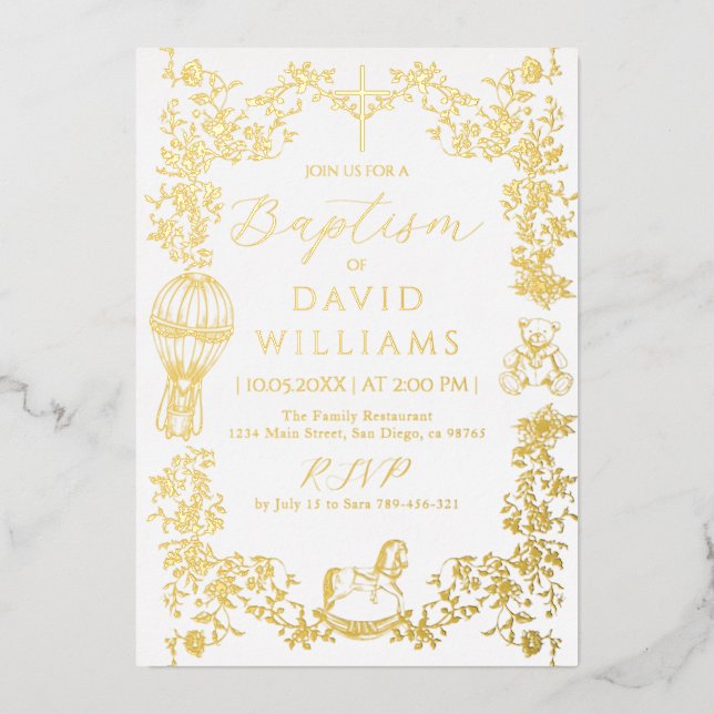 Invitación Con Relieve Metalizado Todo el bautismo de niño con toile azul elegancia  (Anverso)