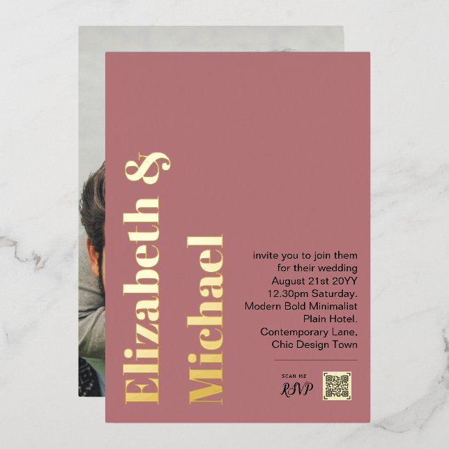 Invitación Con Relieve Metalizado Todo en 1 RELIEVE METALIZADO DORADO REAL Foto rosa (Anverso/Reverso)